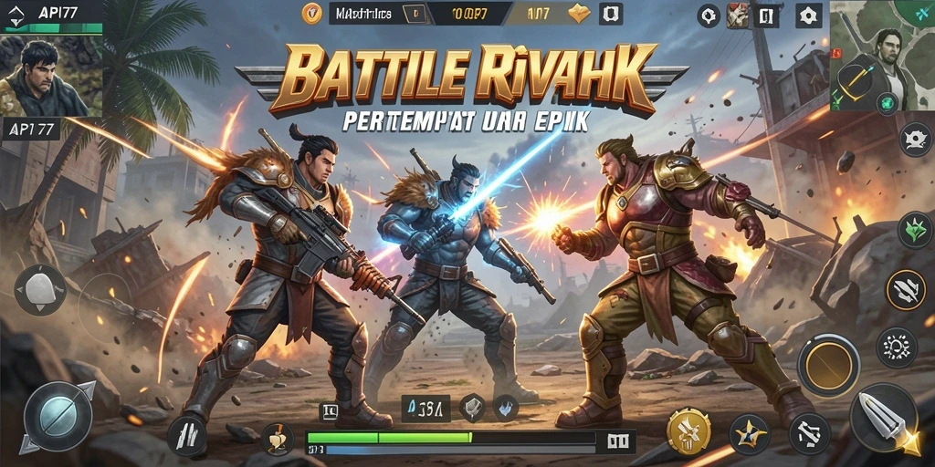 Screenshot menunjukkan aksi intens Battle Royale dalam API77.