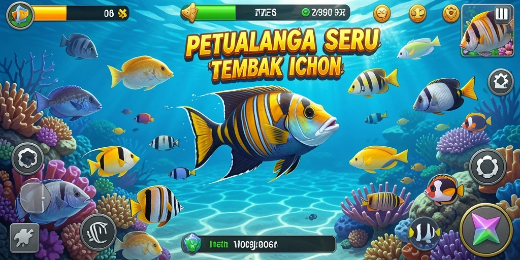 Screenshot gameplay F7F7 yang menunjukkan aksi menembak ikan.