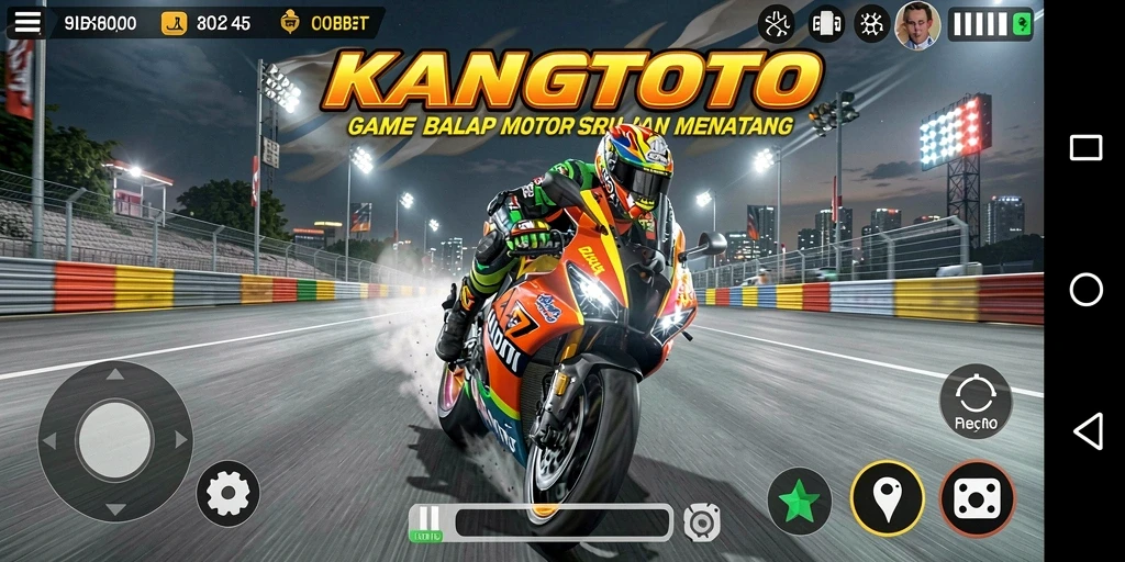 Screenshot gameplay KANGTOTO dengan motor balap di lintasan.