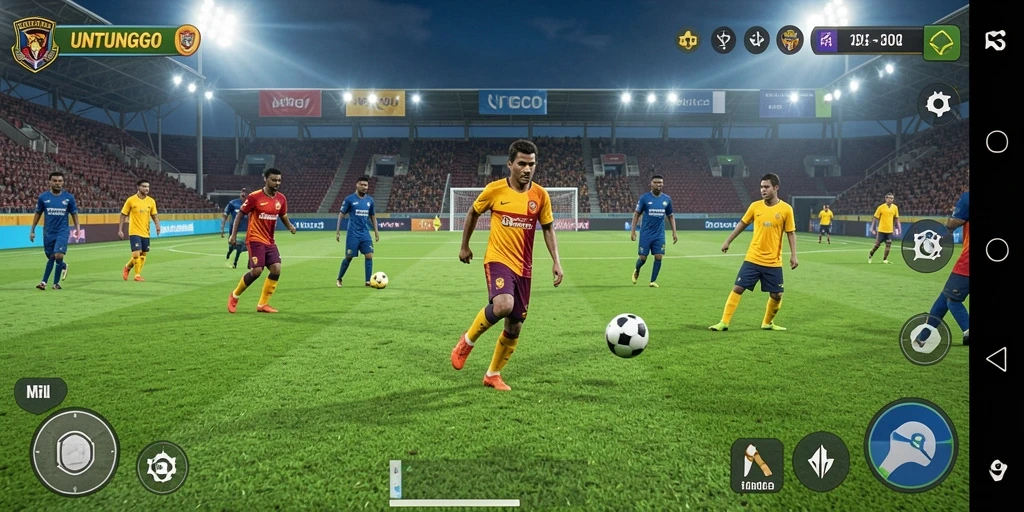 Screenshot menunjukkan gameplay seru di lapangan sepak bola.